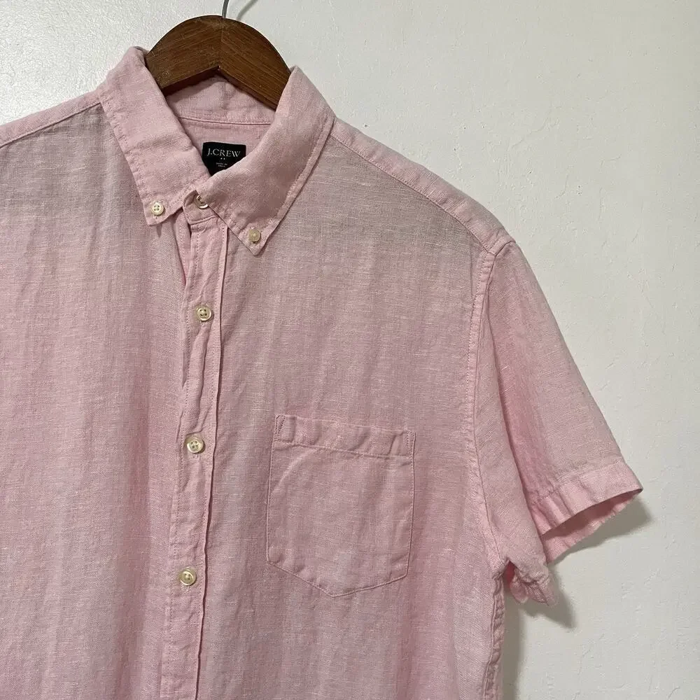 J Crew Mens Linen Short Sleeve Button Up Shirt Size S Pale Pink Coastal Beachy‎
